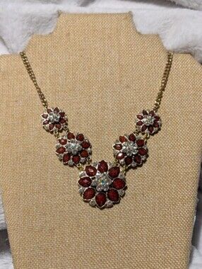 Icing Gold-Tone Floral Necklace with Deep Red Rhinestones